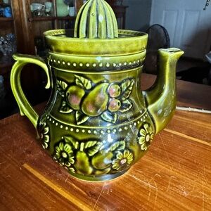 Vintage Green Ceramic Teapot with Juicer top and Fruit Design. Japan.